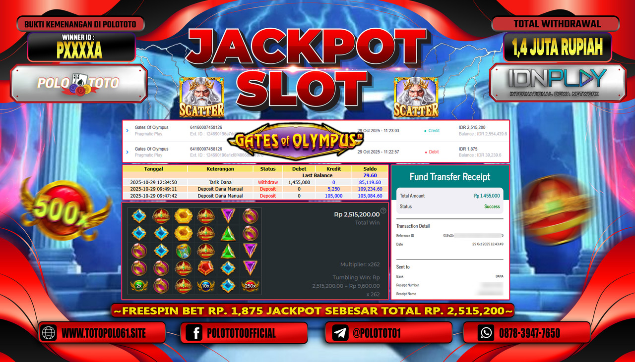 POLOTOTO JACKPOT SLOT GATES OF OLYMPUS Rp.1.400.000,- LUNAS