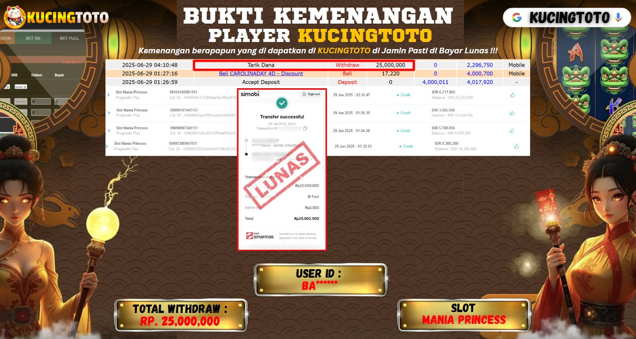 KUCINGTOTO JACKPOT SLOT MANIA PRINCESS RP.25.000.000.,- LUNAS