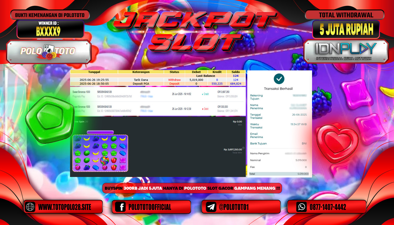 POLOTOTO JACKPOT SLOT SWEET BONANZA 1000 Rp.5.000.000,- LUNAS