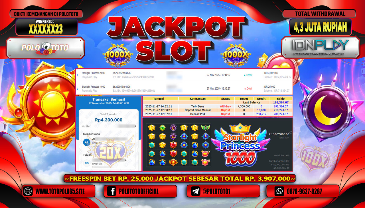 POLOTOTO JACKPOT SLOT STARLIGHT PRINCESS 1000 Rp.4.3000.000,- LUNAS