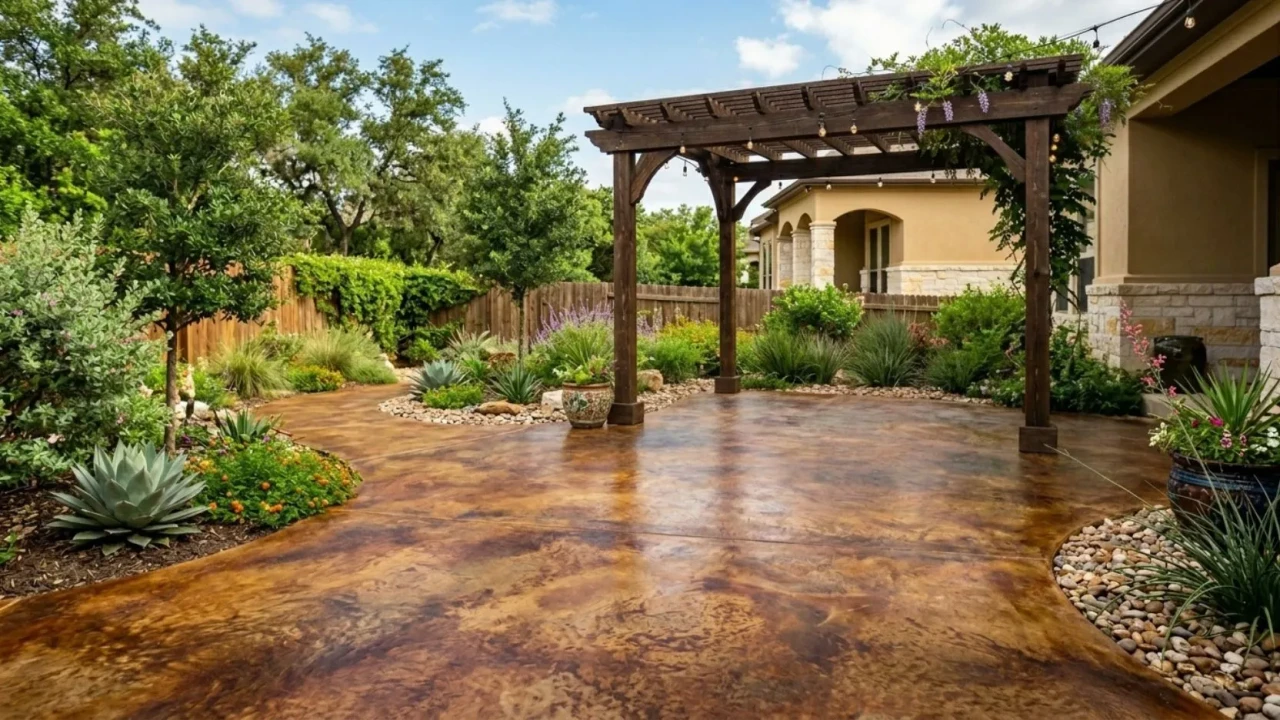 Stained concrete patio with rich earth tones in San Antonio backyard