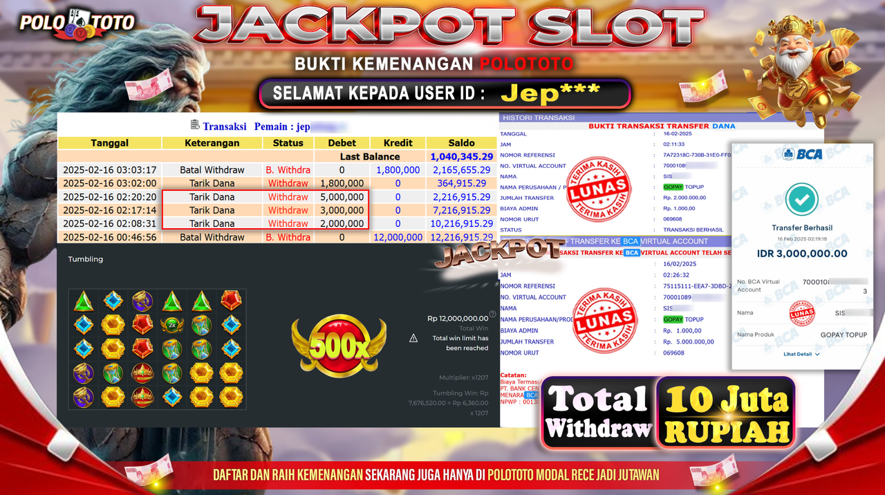 POLOTOTO JACKPOT SLOT GATES OF OLYMPUS 1000 Rp.10.000.000,-