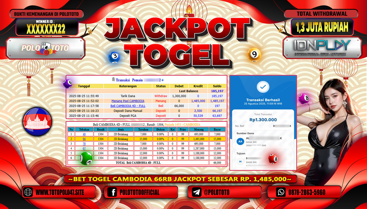 POLOTOTO JACKPOT TOGEL POOL CAMBODIA Rp.1.300.000,- LUNAS