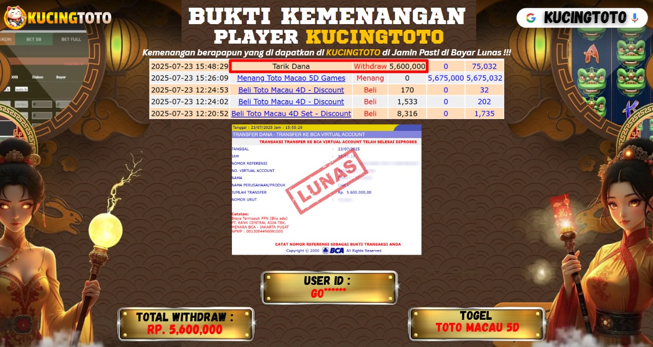 KUCINGTOTO JACKPOT TOGEL TOTO MACAU 5D RP.5.600.000.,- LUNAS