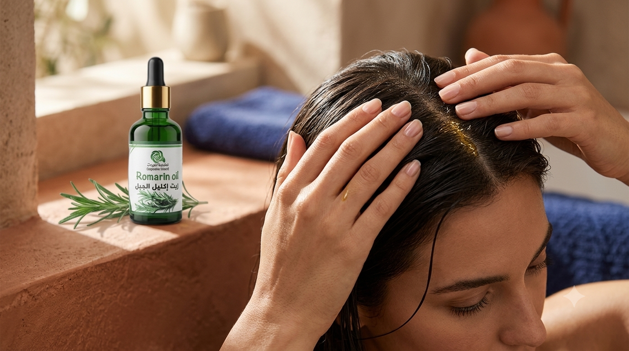 Mujer aplicando y masajeando aceite de romero en el cabello en un baño de luz natural