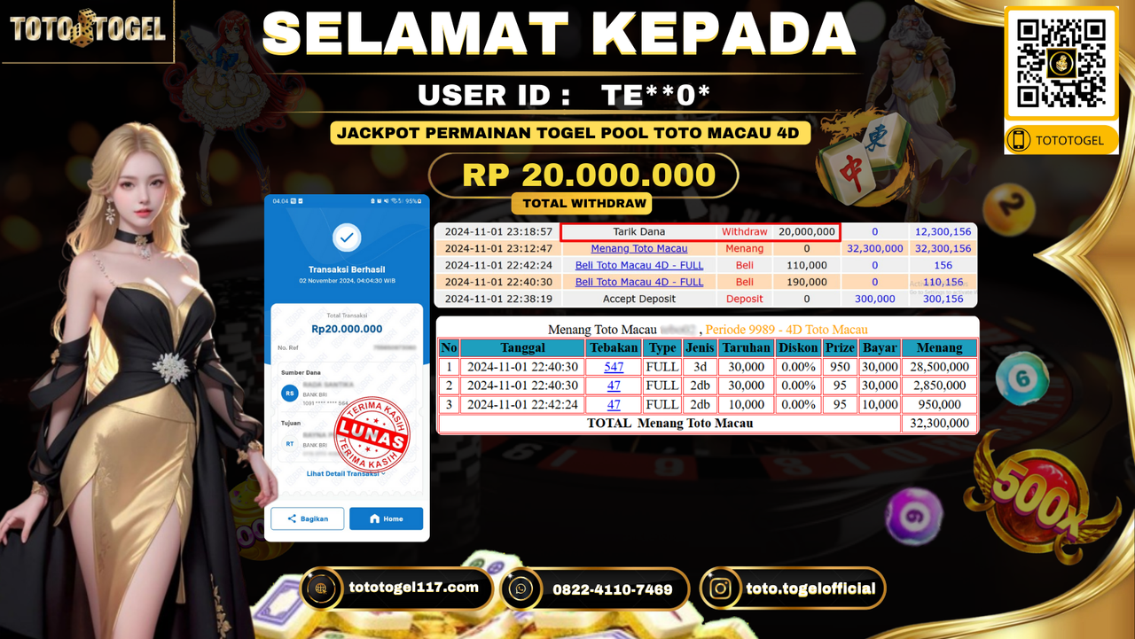 Bukti Pembayaran Jackpot Permainan Togel Pools Toto Macau 4D ID:TE**0* LUNAS 