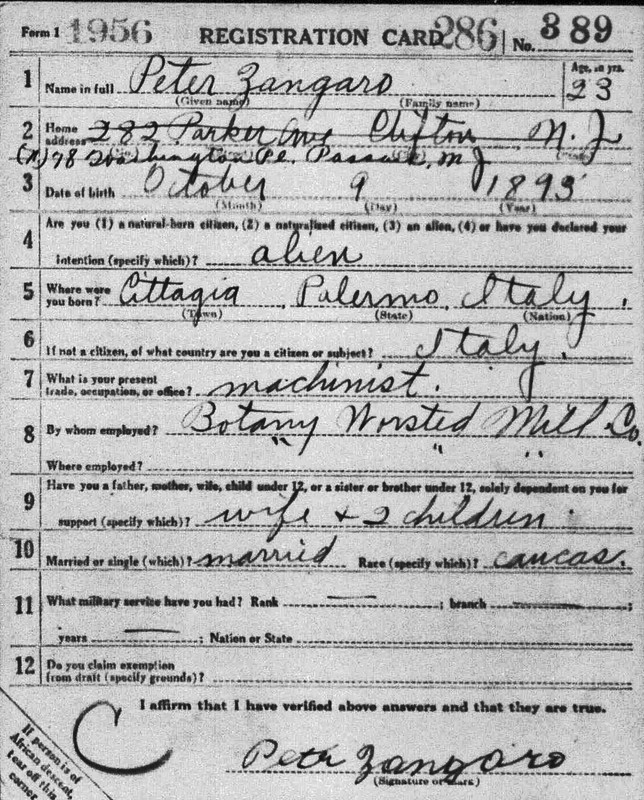 Peter Zangara, WWI Draft Registration, Sht 1 of 2