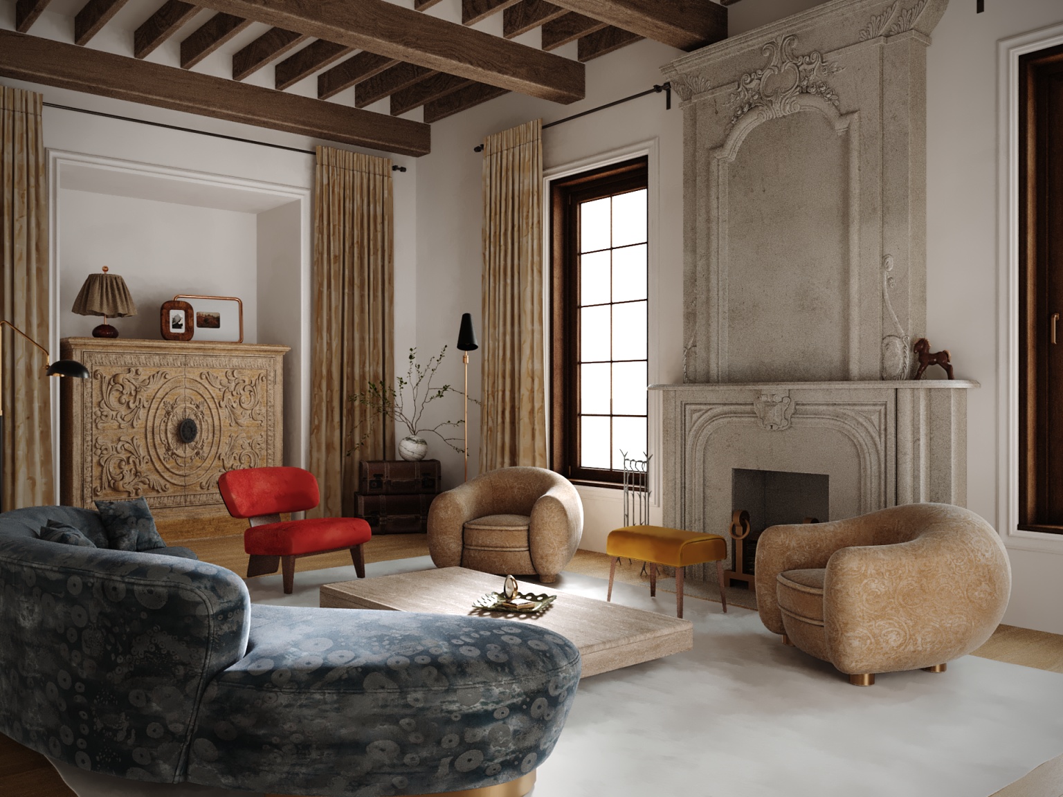 Vintage style living room with fireplace and blue sofa