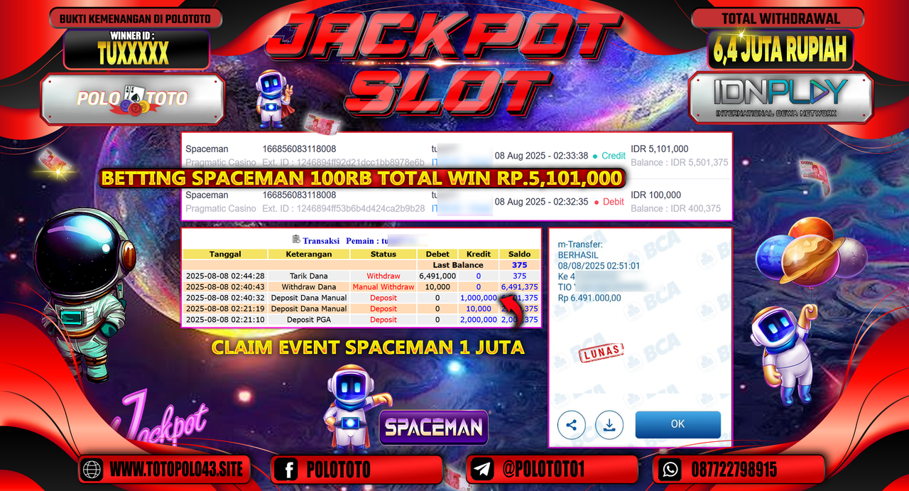 POLOTOTO JACKPOT SLOT SPACEMAN Rp.6.400.000,-LUNAS
