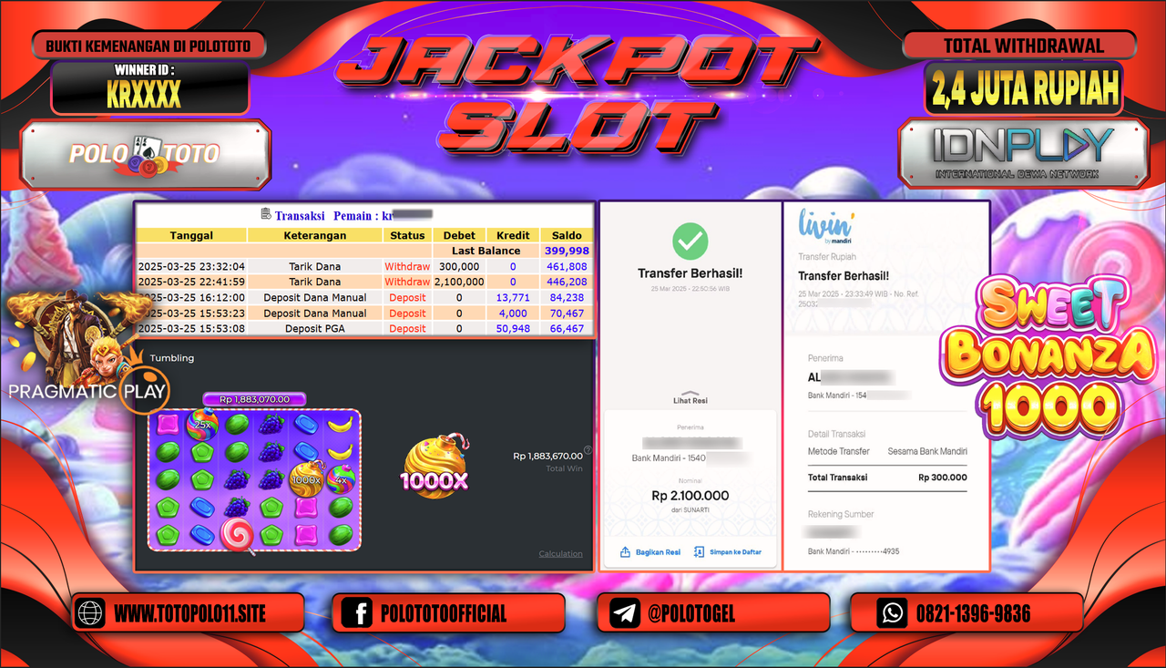 POLOTOTO JACKPOT SLOT SWEET BONANZA 1000 Rp.2.400.000,- LUNAS