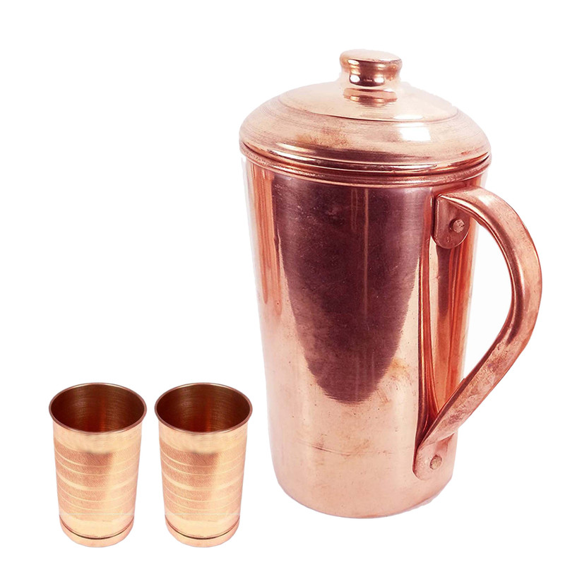 Jarra de cobre puro con vaso de vidrio para servir agua beneficio para la salud restaurante regalo - Imagen 2 de 4