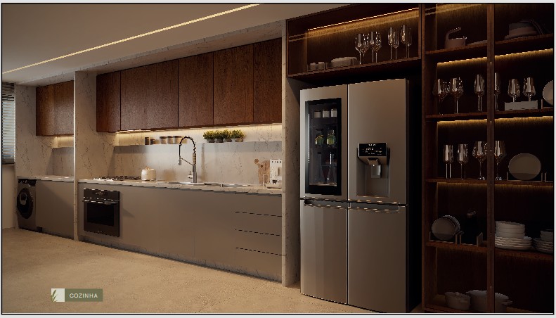 Cozinha integrada e funcional do apartamento Villa Ninita com alto padrão de acabamento