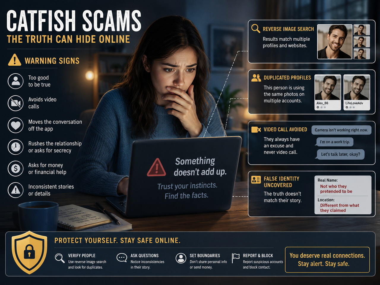 Catfish scam warning showing reverse image search and fake identity detection tips