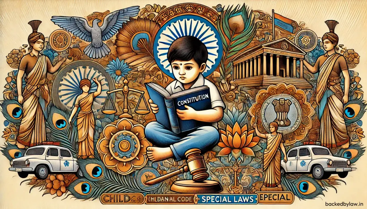 A vibrant and detailed vector art illustration representing 'Child under the Constitution of India, IPC, and Special Laws.' The image highlights a child holding a 'Constitution' book, symbolizing legal awareness and protection. Surrounding elements include a gavel, scales of justice, and a courthouse, reflecting the Indian legal system's focus on children's rights. A police officer symbolizes the Indian Penal Code (IPC), while education icons signify special laws for child welfare. Indian cultural motifs like the Ashoka Chakra and peacock feathers enhance the artwork, set against earthy tones to blend tradition with modernity. Perfect for themes on child rights and Indian law.