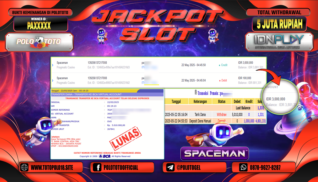 POLOTOTO JACKPOT SLOT SPACEMAN Rp.5.010.000,-