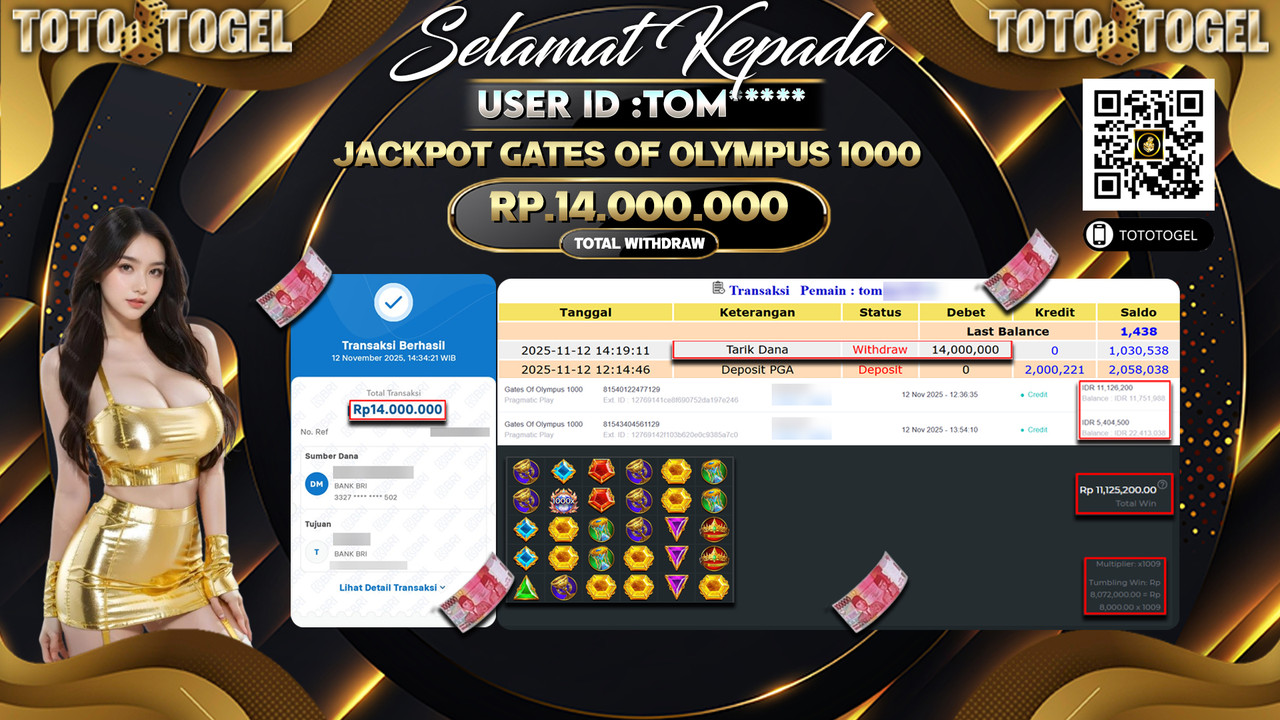 Bukti Pembayaran Jackpot Permainan Slot Gates Of Olympus 1000 ID:TOM**** LUNAS