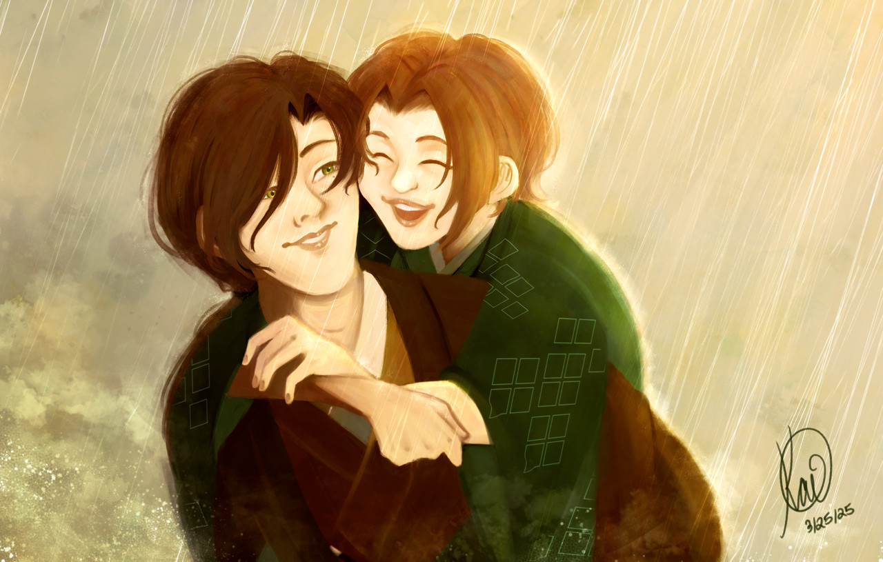 An illustration of Murakumo/Soun and Uryu (Ride Kamens). Murakumo carries Uryu on his back as it rains, though there is sunlight peeking through the rain. The clouds in front of Murakumo dissipate as they make their way. Uryu smiles at Murakumo; Murakumo smiles back.