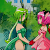Mew Lettuce and Mew Ichigo holding hands and looking at each other.