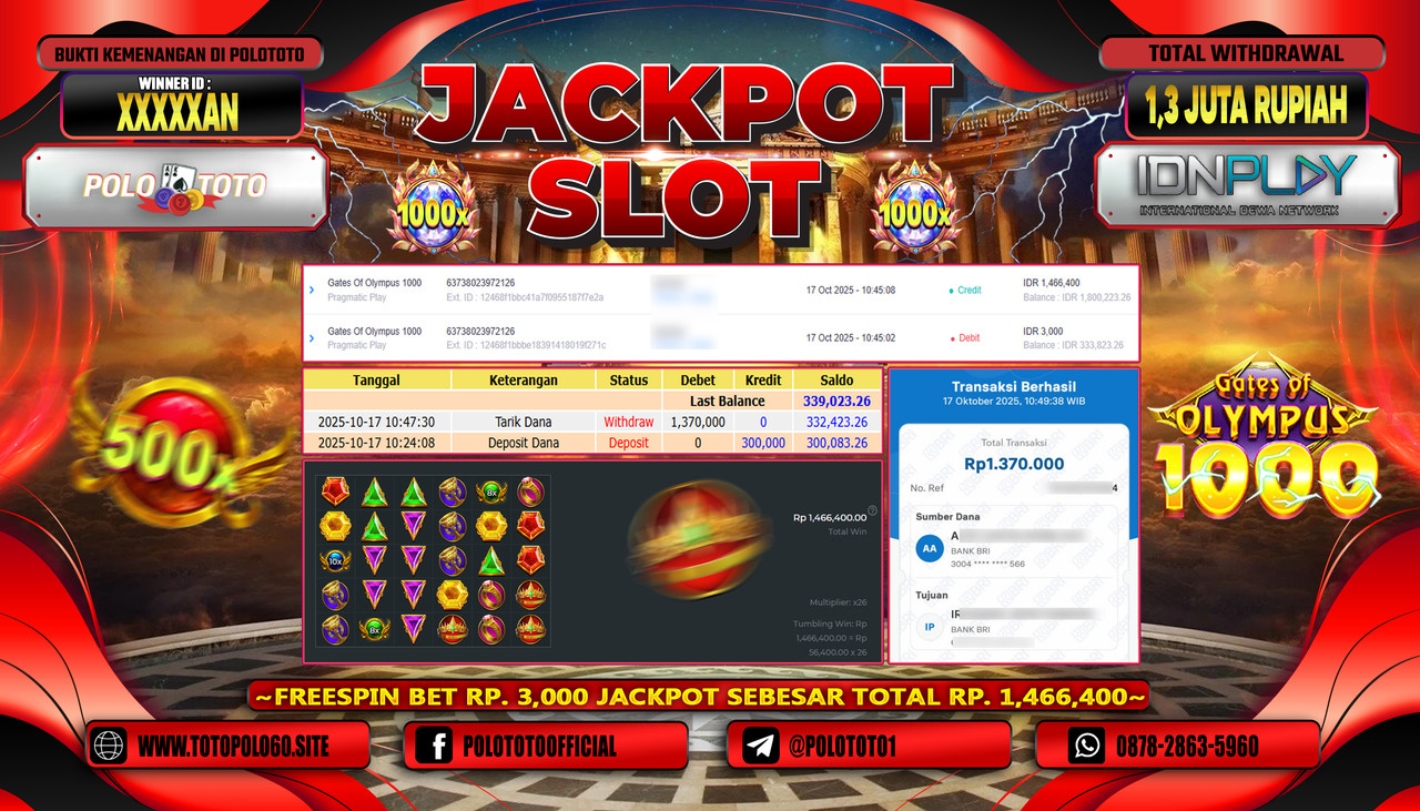 POLOTOTO JACKPOT SLOT GATES OF OLYMPUS 1000 Rp.1.300.000,- LUNAS
