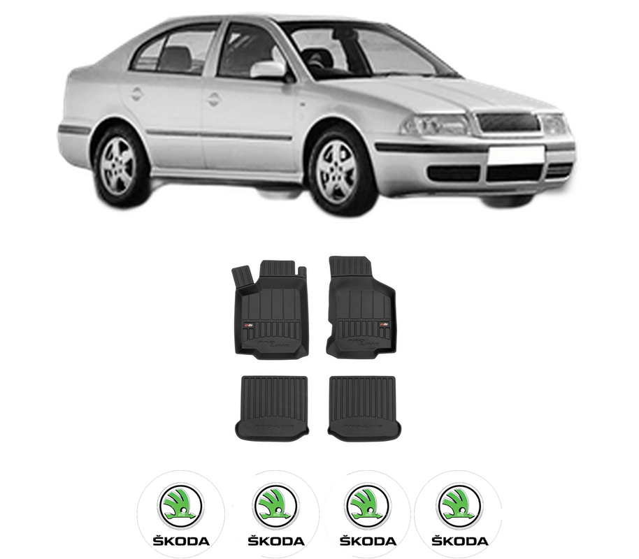 Set covorase presuri SKODA OCTAVIA I (1U2) din 1996-2010, auto, din cauciuc thermoplastic, 4 Stickere auto cu SKODA