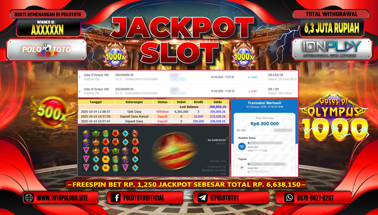 POLOTOTO JACKPOT SLOT GATES OF OLYMPUS 1000 Rp.6.300.000,- LUNAS