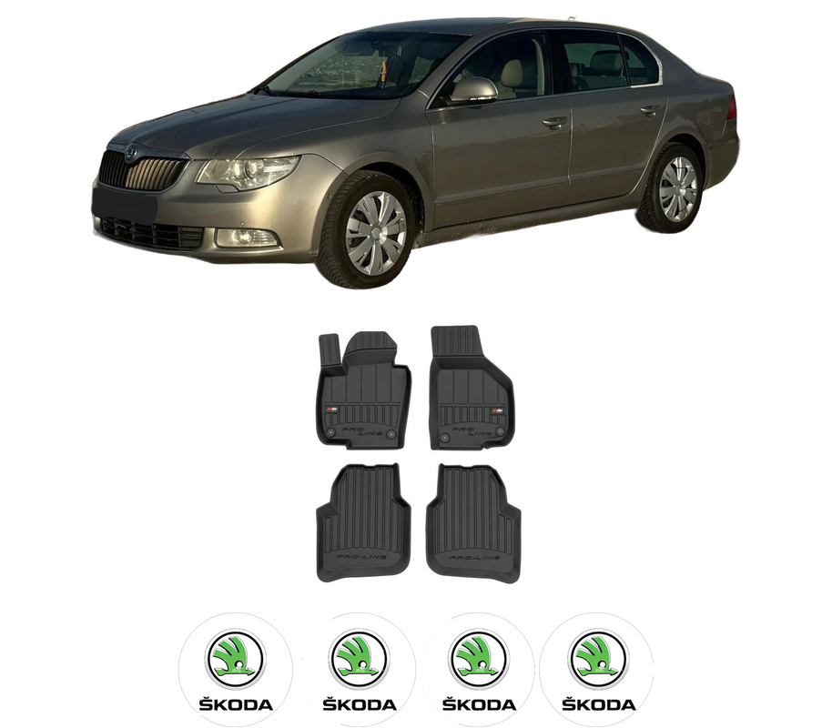 Set covorase presuri SKODA SUPERB II Estate (3T5) din 2009-2015, auto, din cauciuc thermoplastic, 4 Stickere auto cu SKODA