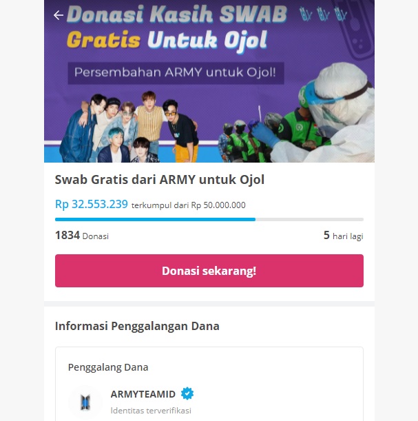 ARMYTEAMID menggalang donasi di KitaBisa.com untuk tes swab PCR gratis para driver ojol yang mengantre untuk dapat BTS Meal.