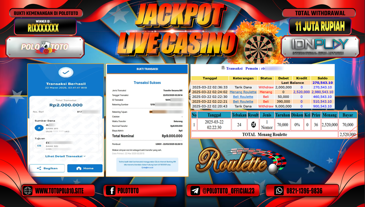 POLOTOTO JACKPOT LIVE CASINO ROULETTE Rp.11.000.000,-