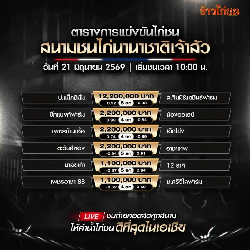 โปรแกรมไก่ชน สนามชนไก่นานาชาติเจ้าสัว 21 มิถุนายน