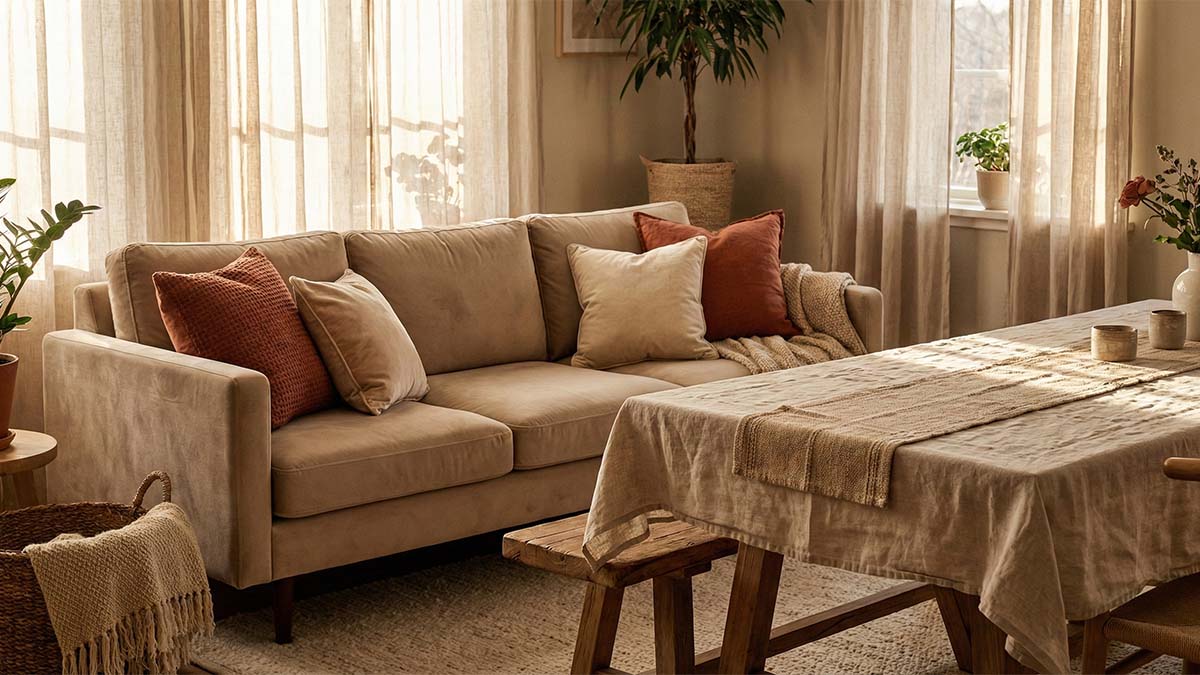 Уютный интерьер гостиной с акцентом на текстиль: подушки, скатерть и мягкий свет
