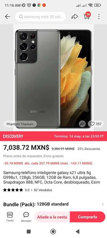 AliExpress: Celular Samsung Galaxy S21 Ultra (añadiendo cupón del vendedor + MAY30) 
