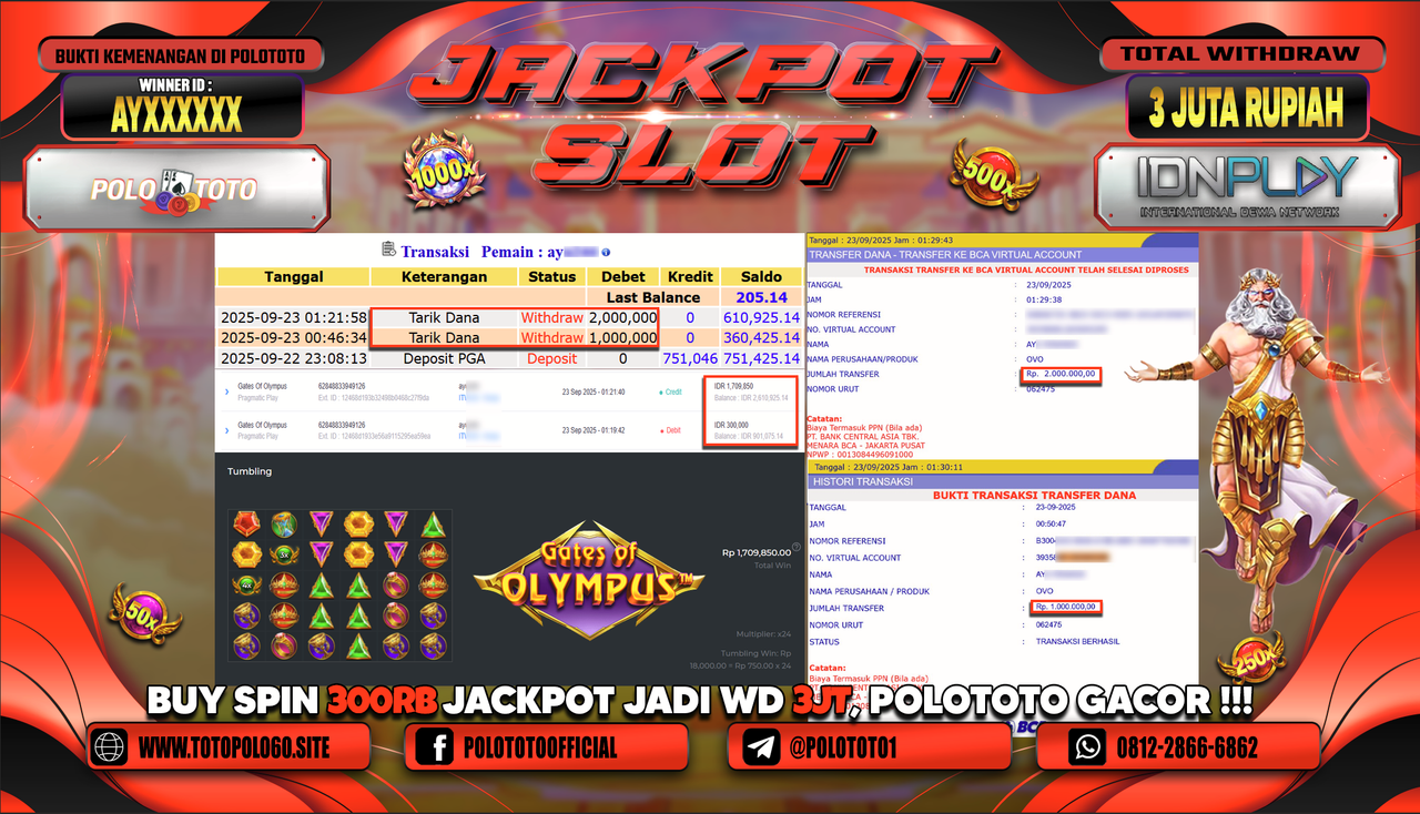 POLOTOTO JACKPOT SLOT GATES OF OLYMPUS Rp.3.000.000,-