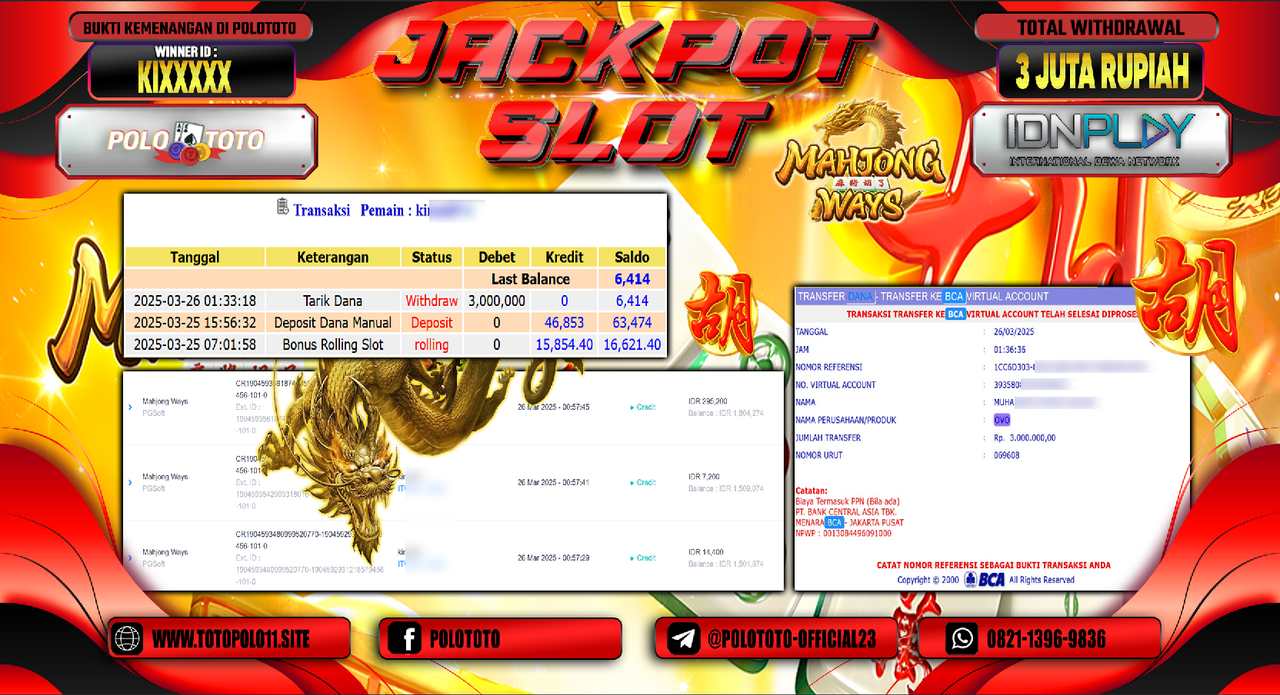 POLOTOTO JACKPOT SLOT MAHJONG WAYS Rp.3.000.000,- LUNAS