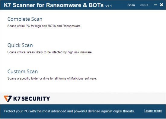 K7 Scanner for Ransomware & BOTs 1.0.0.418