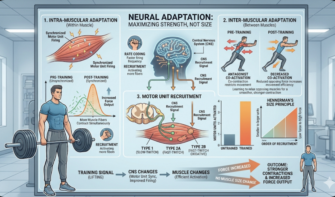 Diagram showing motor unit recruitment and neural adaptation in the nervous system, explaining strength without weight gain and increase strength without fat