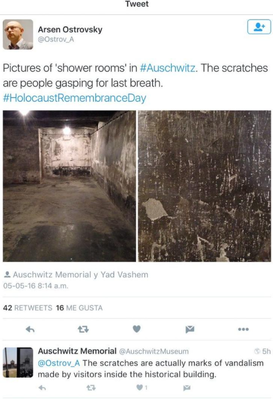 Holocaust - Tweeter - May 2016 - Auschwitz - scratches - marks of vandalism