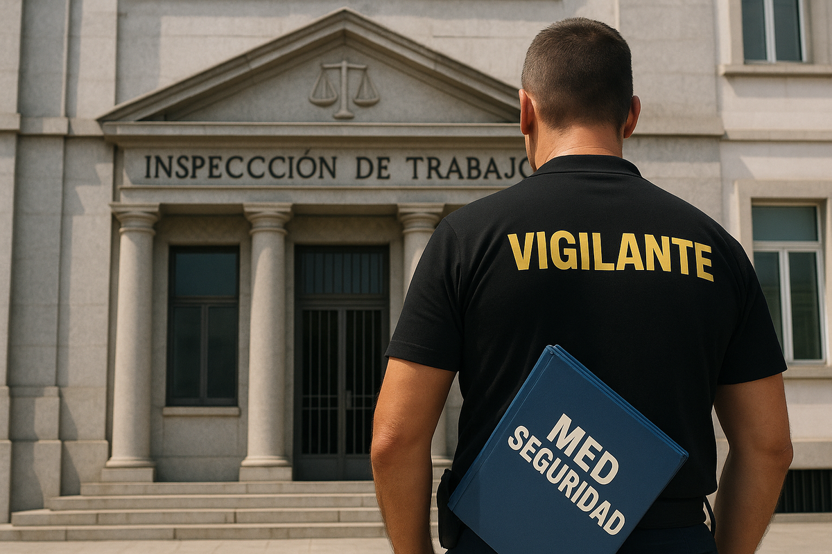 Vigilante frente a edificio institucional, imagen clara y horizontal