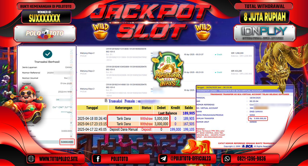 POLOTOTO JACKPOT SLOT MAHJONG WAYS 2 Rp.8.000.000,-