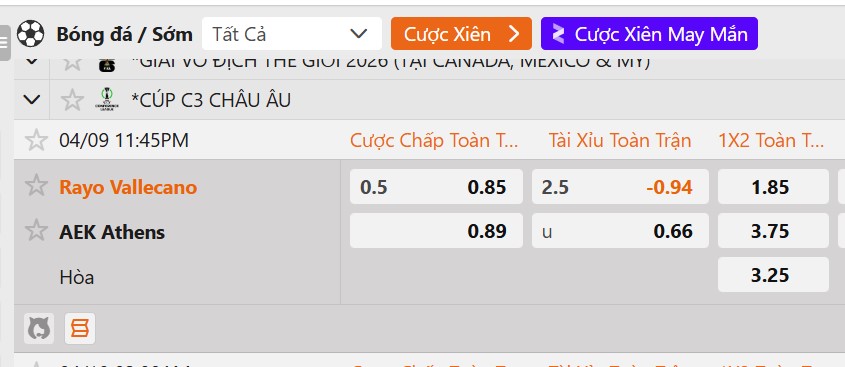 Tỷ lệ kèo Rayo Vallecano vs AEK Athens F.C