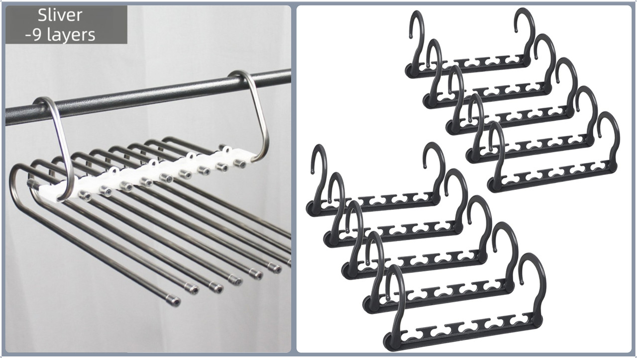 Ultimate Closet Space-Saver Set: 9-Tier Sliver Stainless Steel Retractable Pants Rack & 10-Pack Multi-Port Magic Hangers