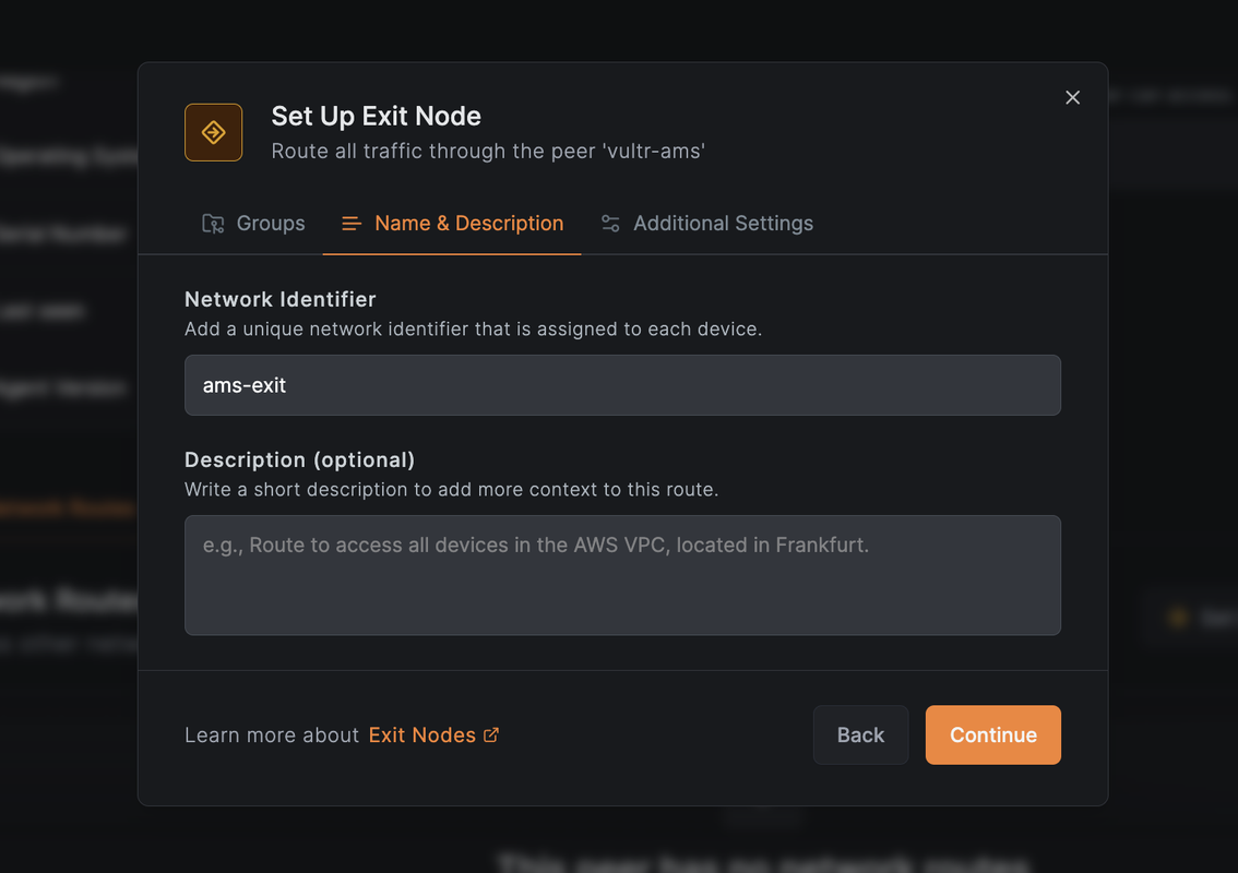 Exit node configuration form showing identifier field filled with ams-exit