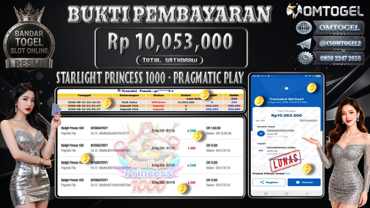 OMTOGEL JACKPOT PRAGMATIC PLAY STARLIGHT PRINCESS 1000 Rp,10,053,000,- DIBAYAR LUNAS
