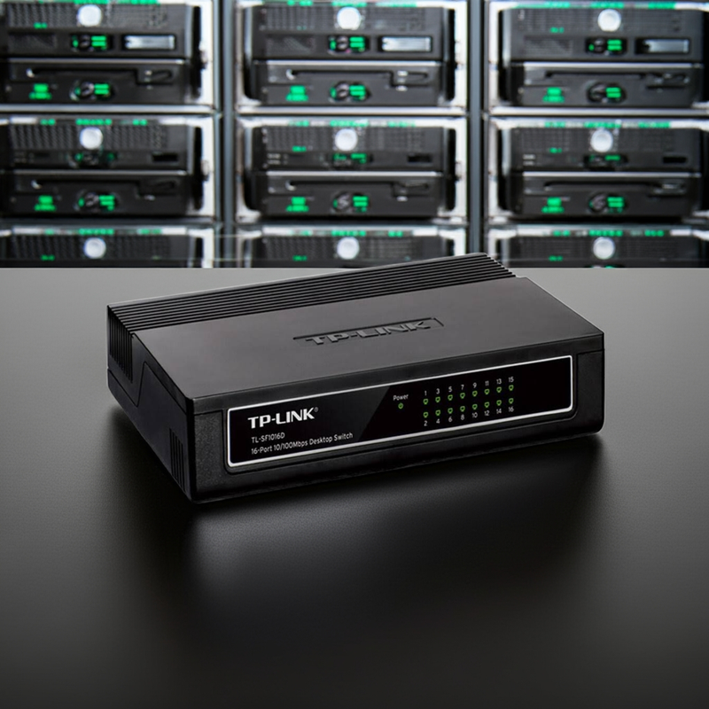 Vista frontal e ligeiramente angulada do Switch TP-Link TL-SF1016D, destacando o logo da marca.