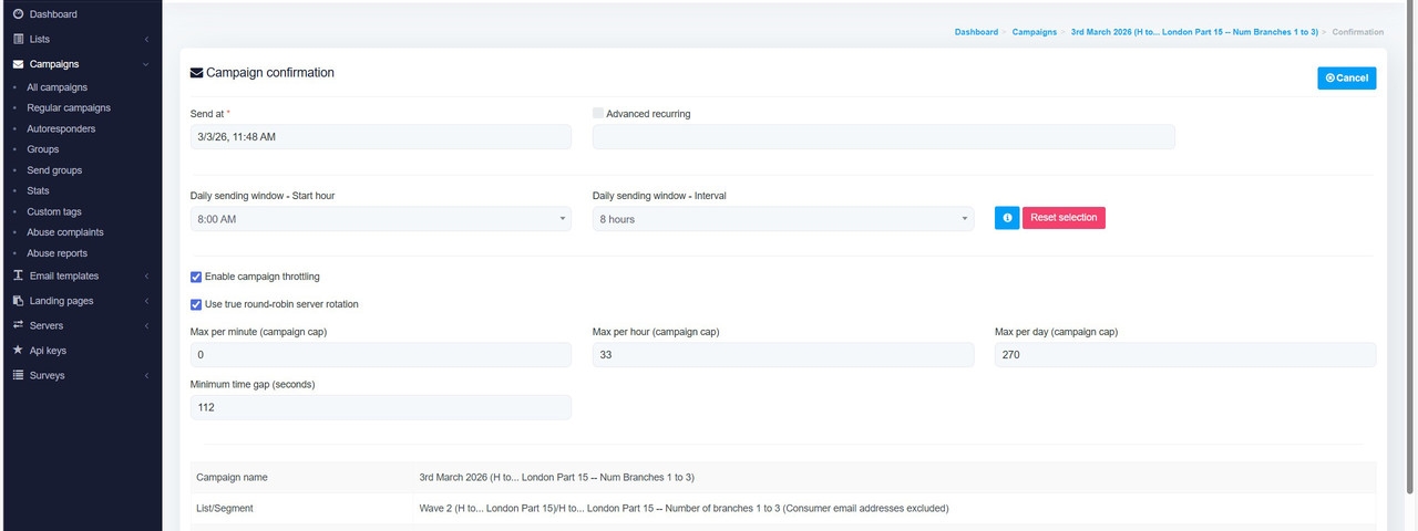 MailWizz campaign throttling confirmation step with true round-robin option