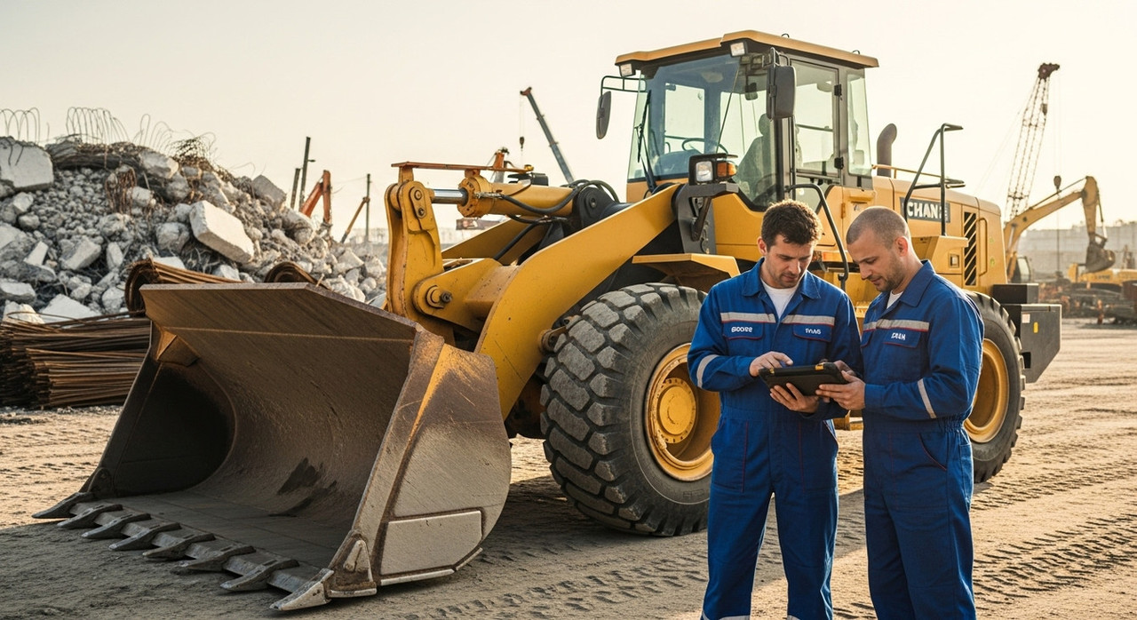 Фронтальный погрузчик и механики при выборе запчастей перед запуском подержанной спецтехники