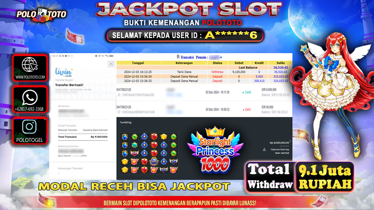POLOTOTO JACKPOT SLOT STARLIGHT OF PRINCESS 1000 Rp.9,100.000,-
