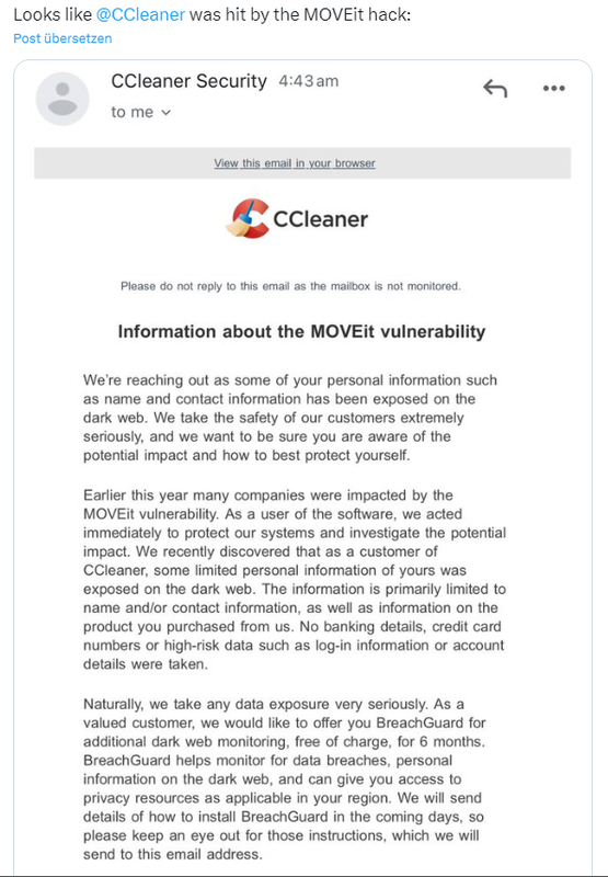 Piriform CCleaner victim of MOVEit vulnerability