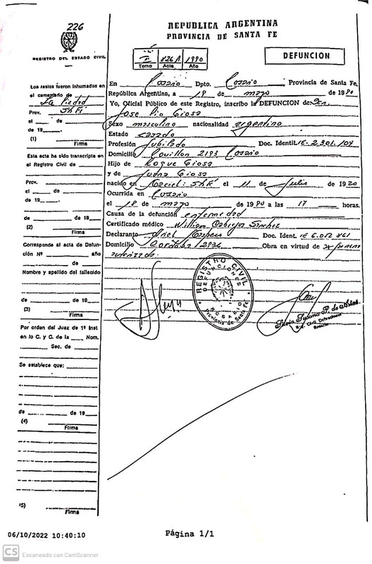 Defunción Giosa Jose Pio