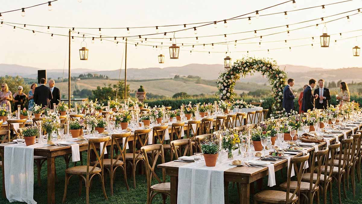 Свадебный ужин под открытым небом: деревянные столы и стулья кросс-бэк