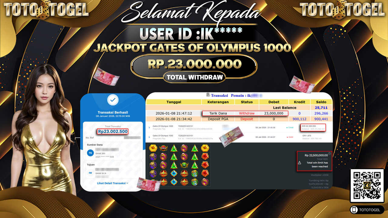 Bukti Pembayaran Jackpot Permainan Slot Gates Of Olympus 1000 ID:IK**** LUNAS